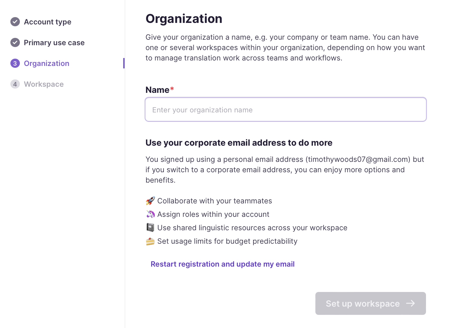 Screen for entering the organization name with the Set up workspace button