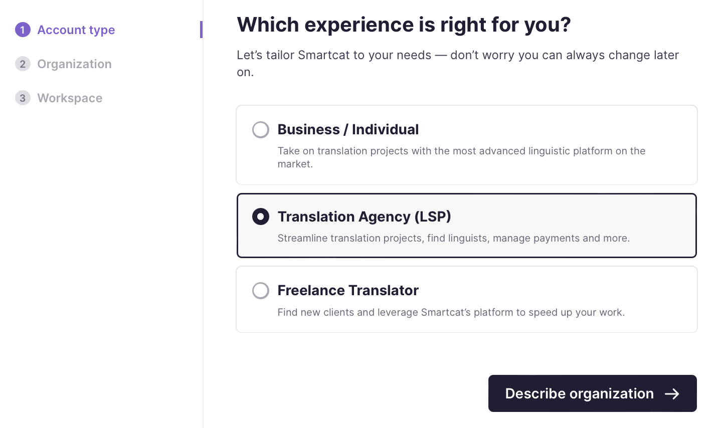 Account type screen with Translation Agency (LSP) selected