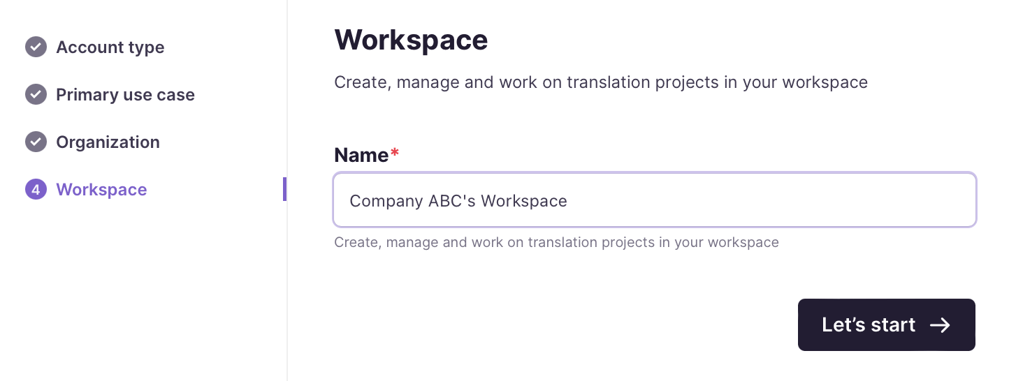 Screen for naming your first workspace