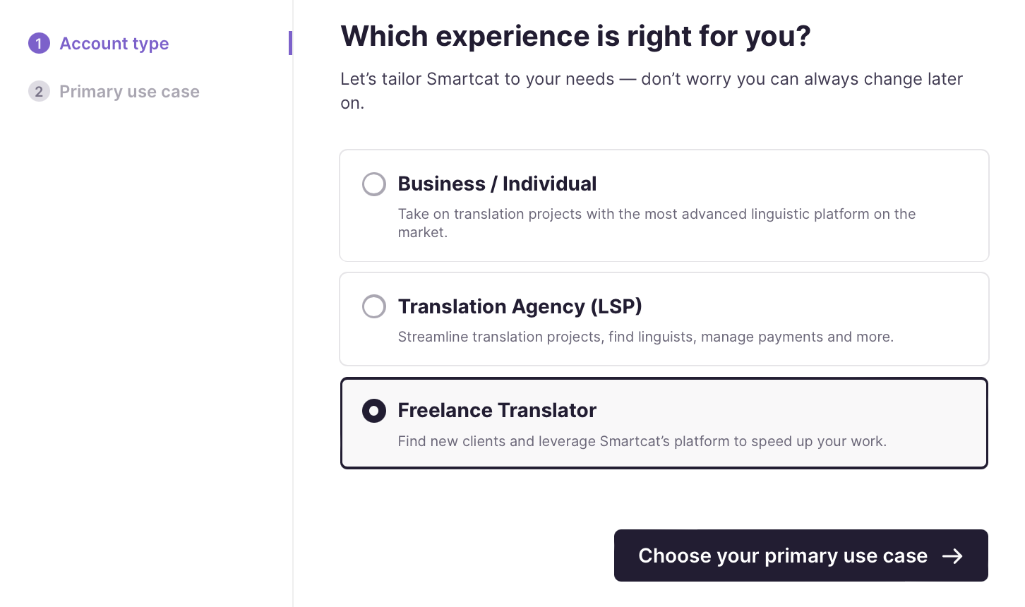 Account type screen with Freelance Translator selected