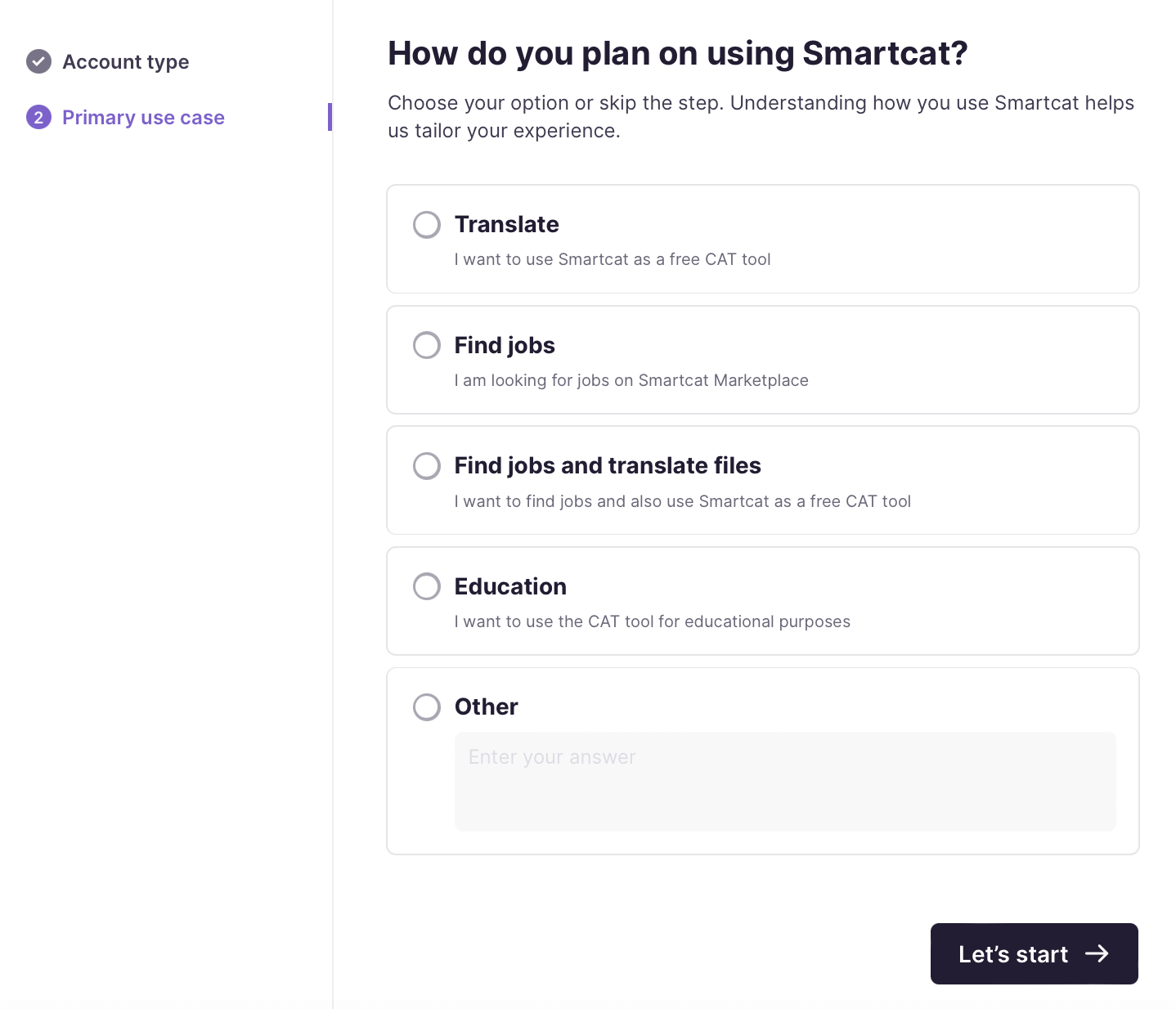 Primary use case selection screen for a freelance translator account