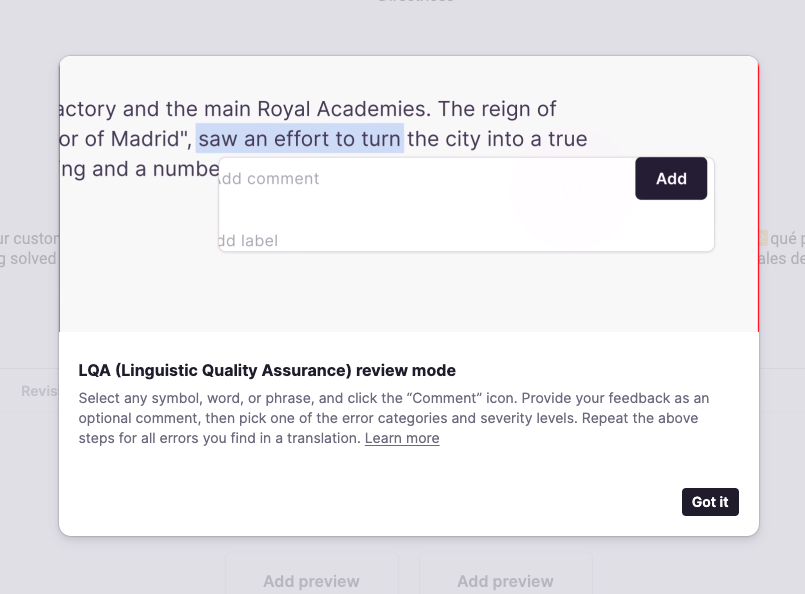 Animated demo popup shown when opening the editor in LQA Review mode