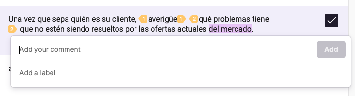 Comment panel with fields for a free-form comment and a label