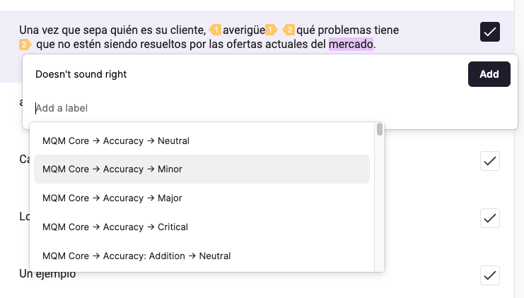 List of labels indicating error type and severity