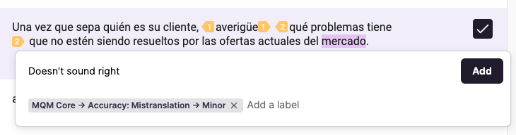 Selected label with the Add button in the comment dialog