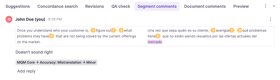 Segment comments tab listing all added comments with a delete option