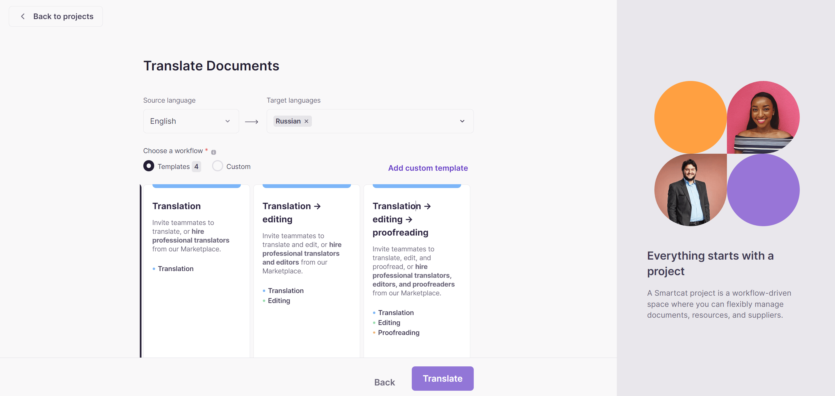 The Translate Documents dialog