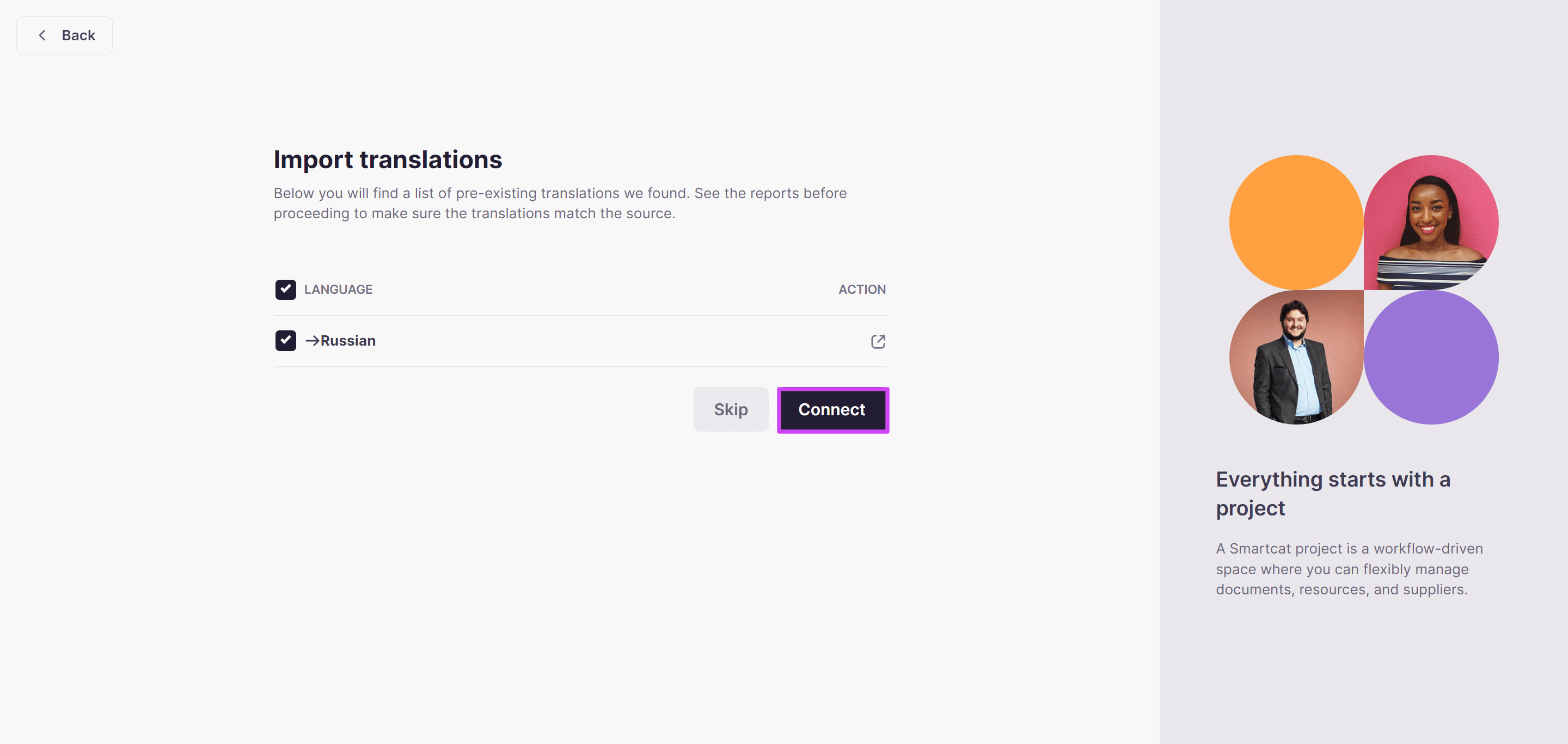 Reviewing and importing pre-existing translations