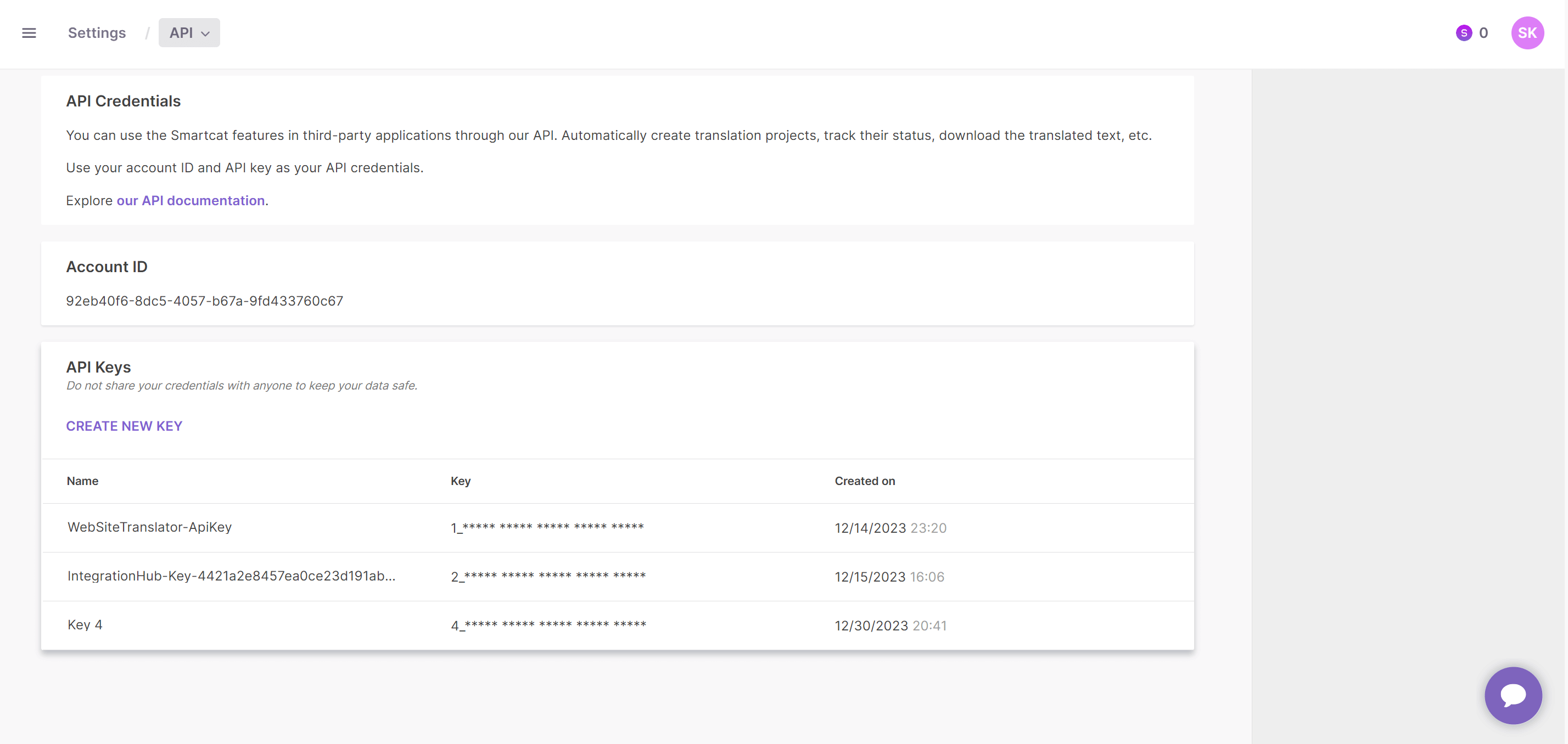 Smartcat API access documentation view