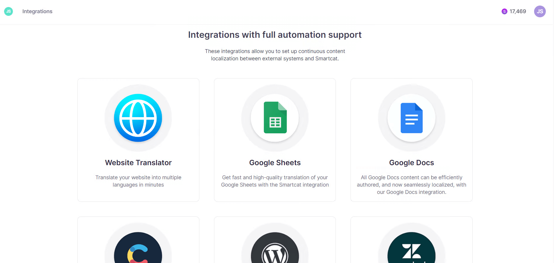 Standard integrations catalog in Smartcat