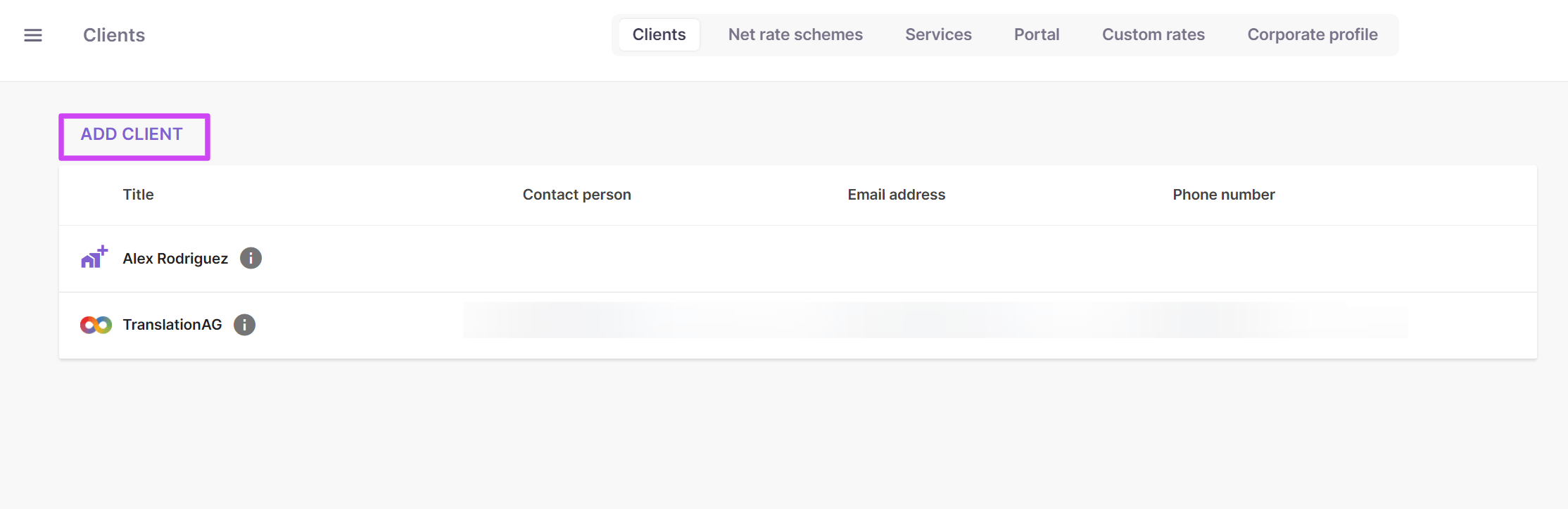 Clients page listing existing clients with an Add Client button