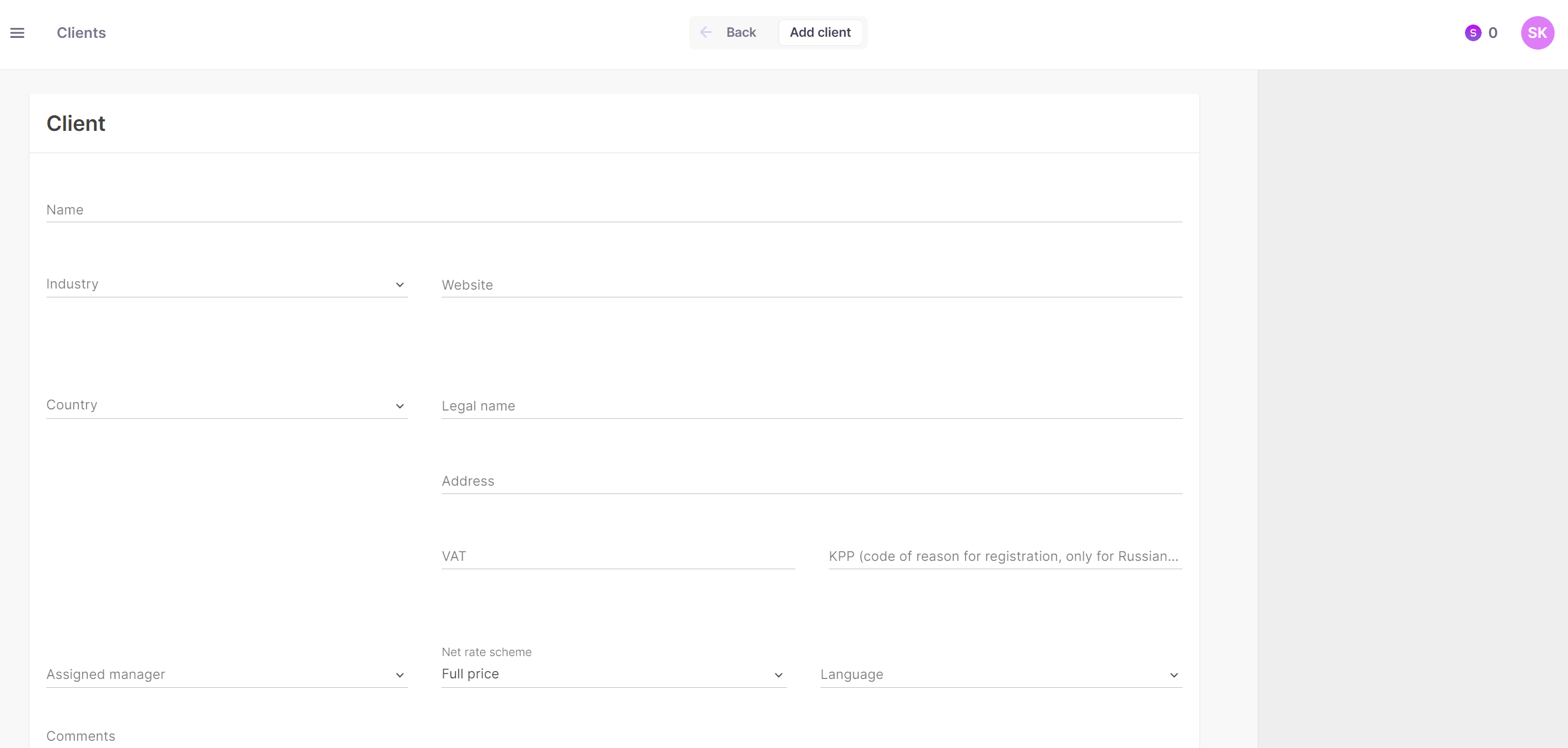 New client form with fields for client name and contacts