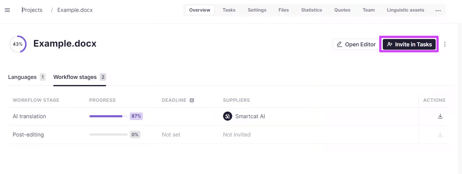 Invite in tasks button on the Overview tab