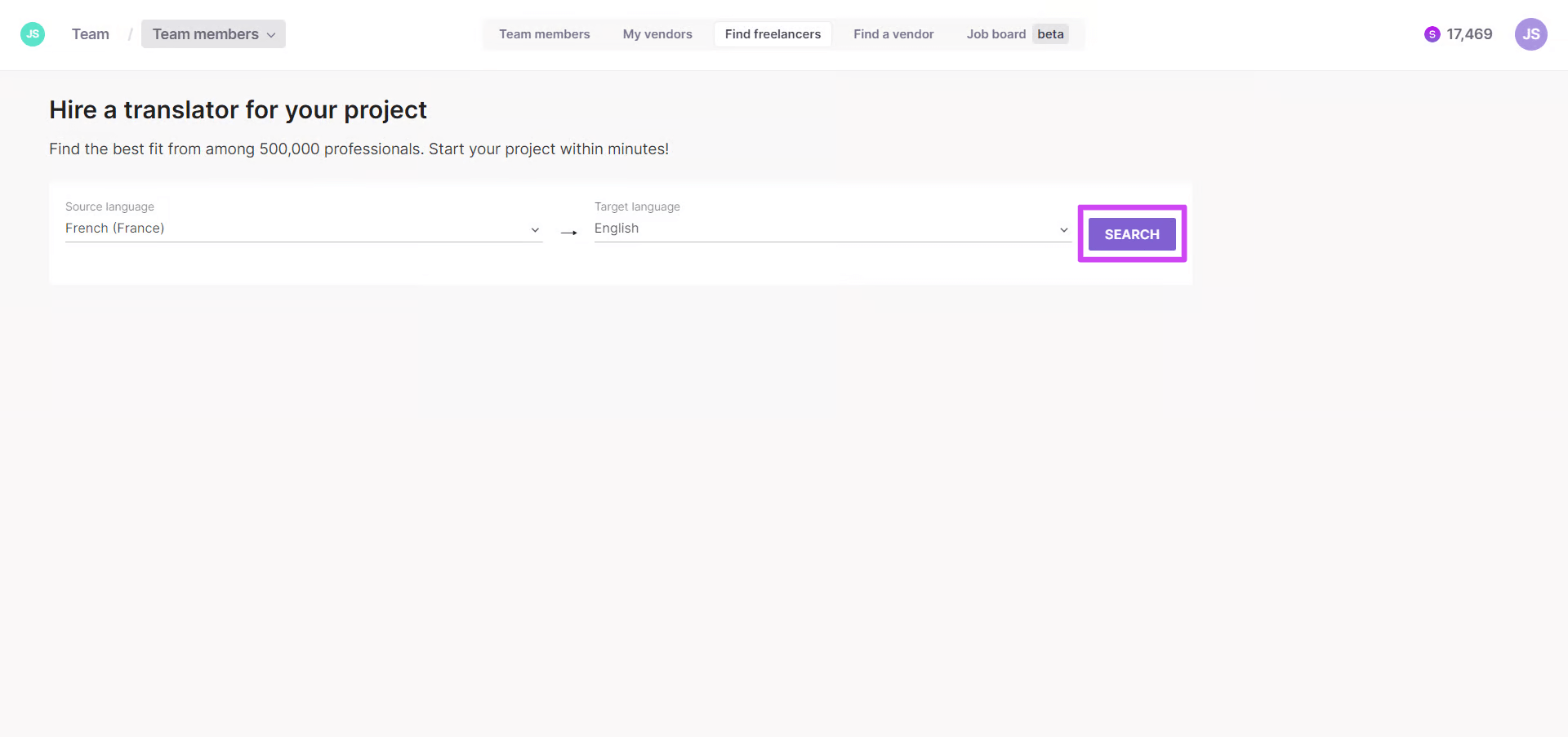Find Freelancers tab on the Team page with screening criteria