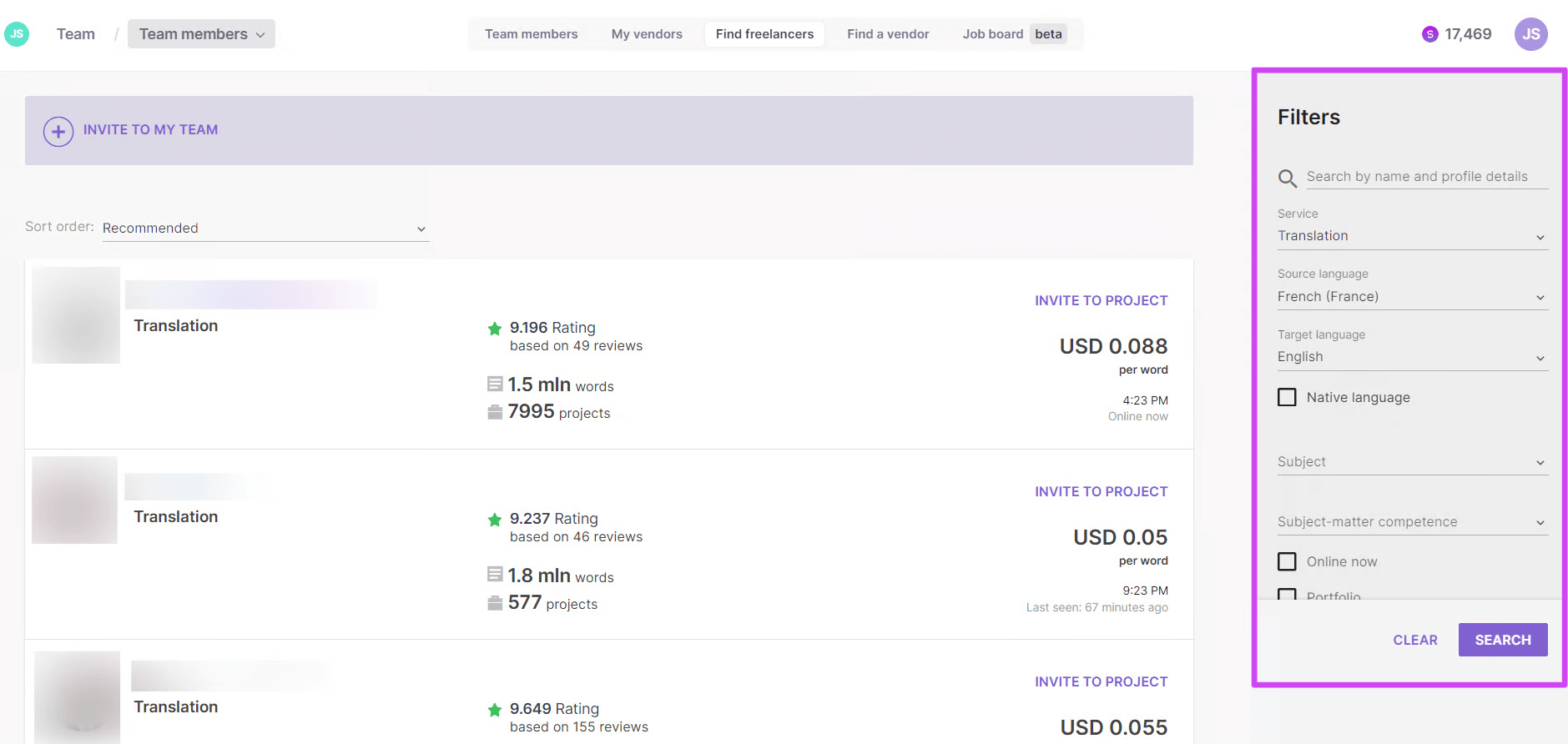 List of freelancers with subject matter and pricing filters
