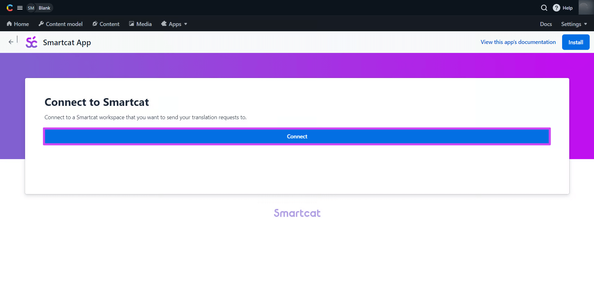 Contentful install and connect to Smartcat screen