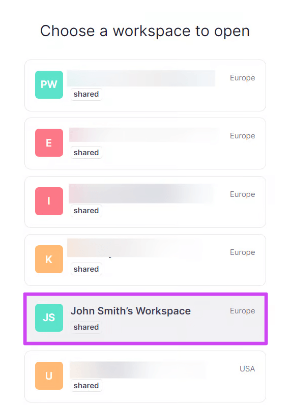 Smartcat Workspace selection screen