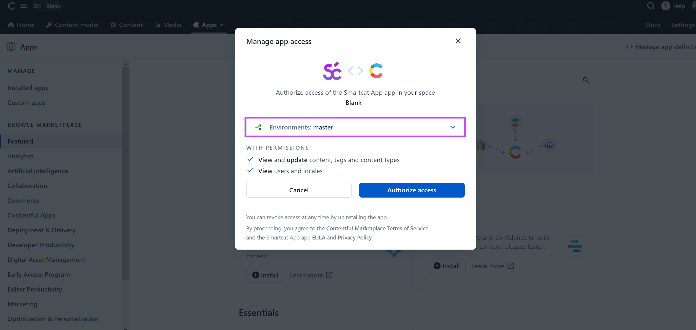 Contentful Space and Environment selection screen