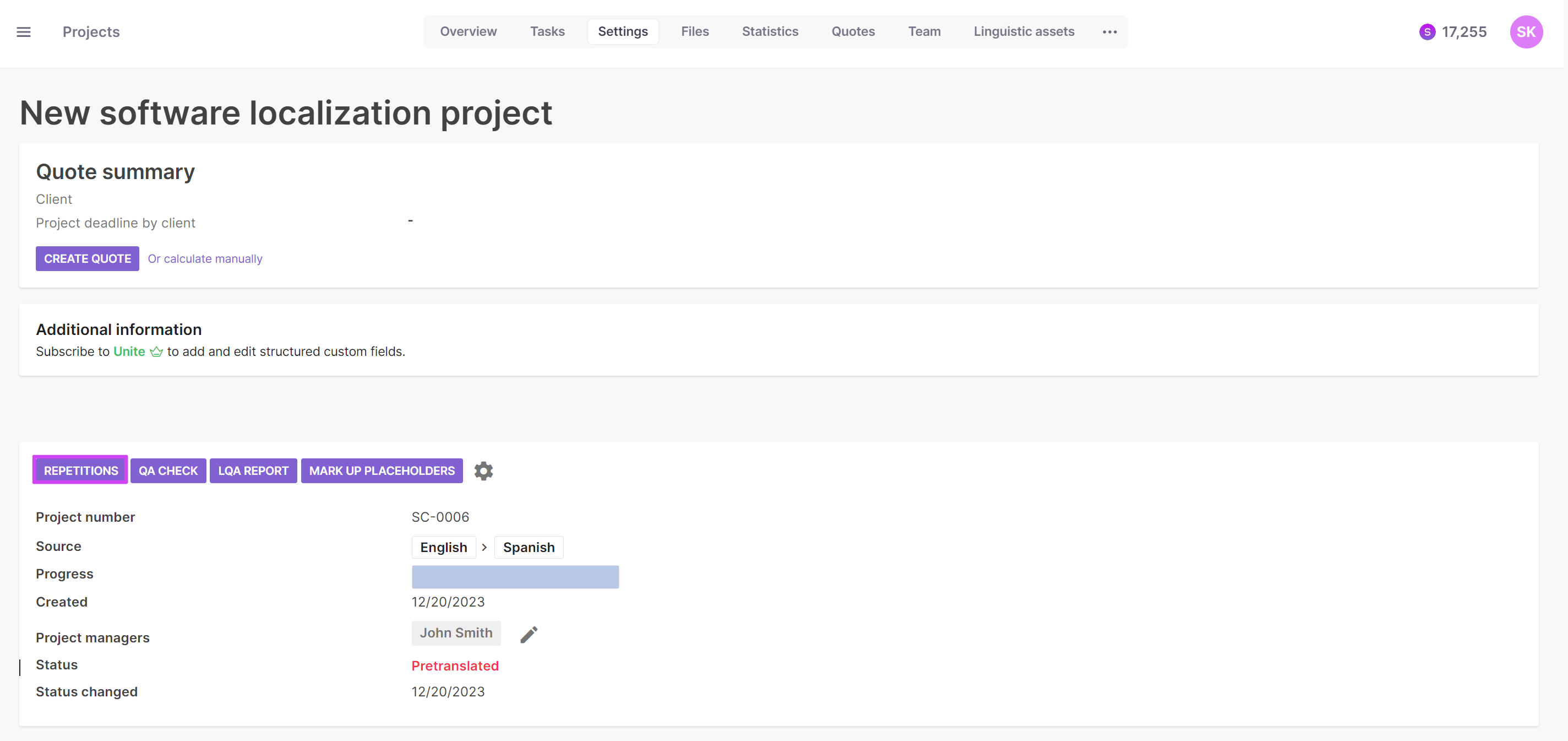 Project page Settings tab where repetition options are configured
