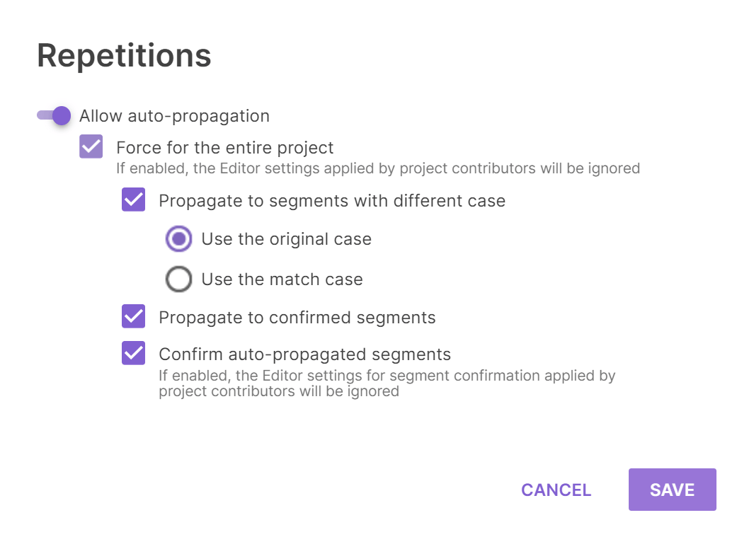 Repetition settings dialog box with auto-propagation options