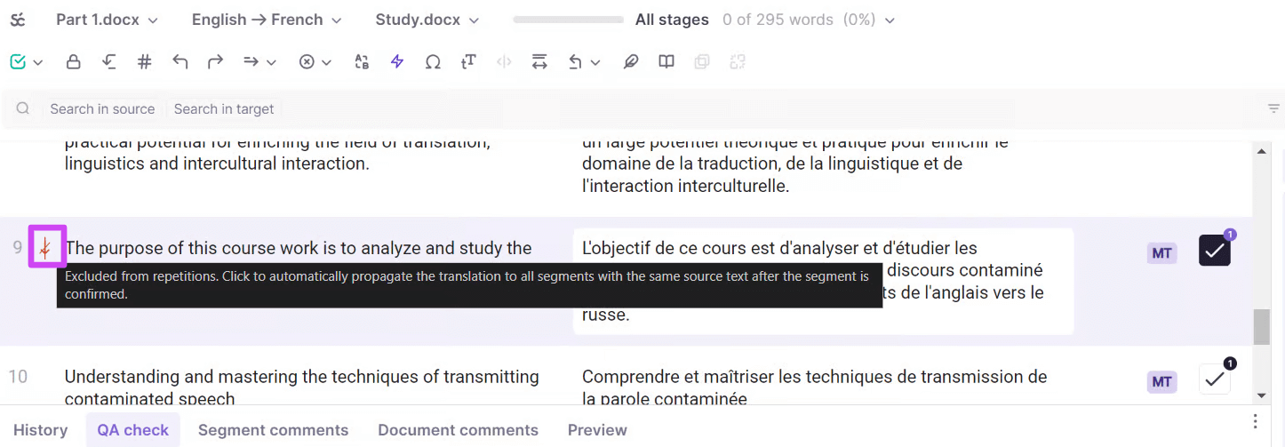 CAT editor segment showing the down arrow used to exclude a segment from repetitions