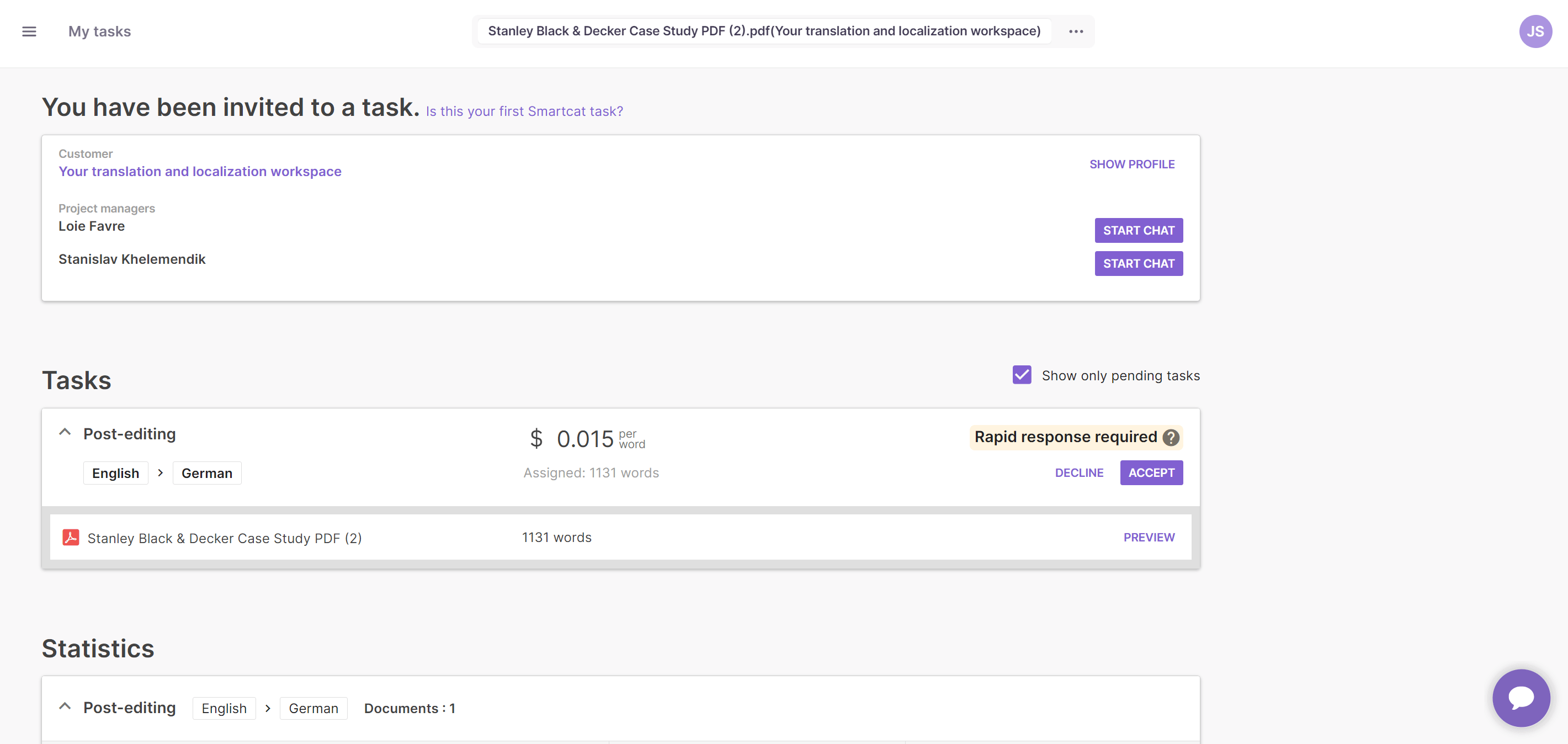 Task details screen showing customer, payment terms, rate, deadline, and Accept and Decline options
