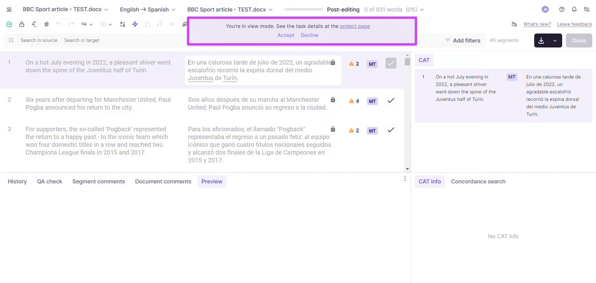 File preview in the CAT editor with Accept and Decline options