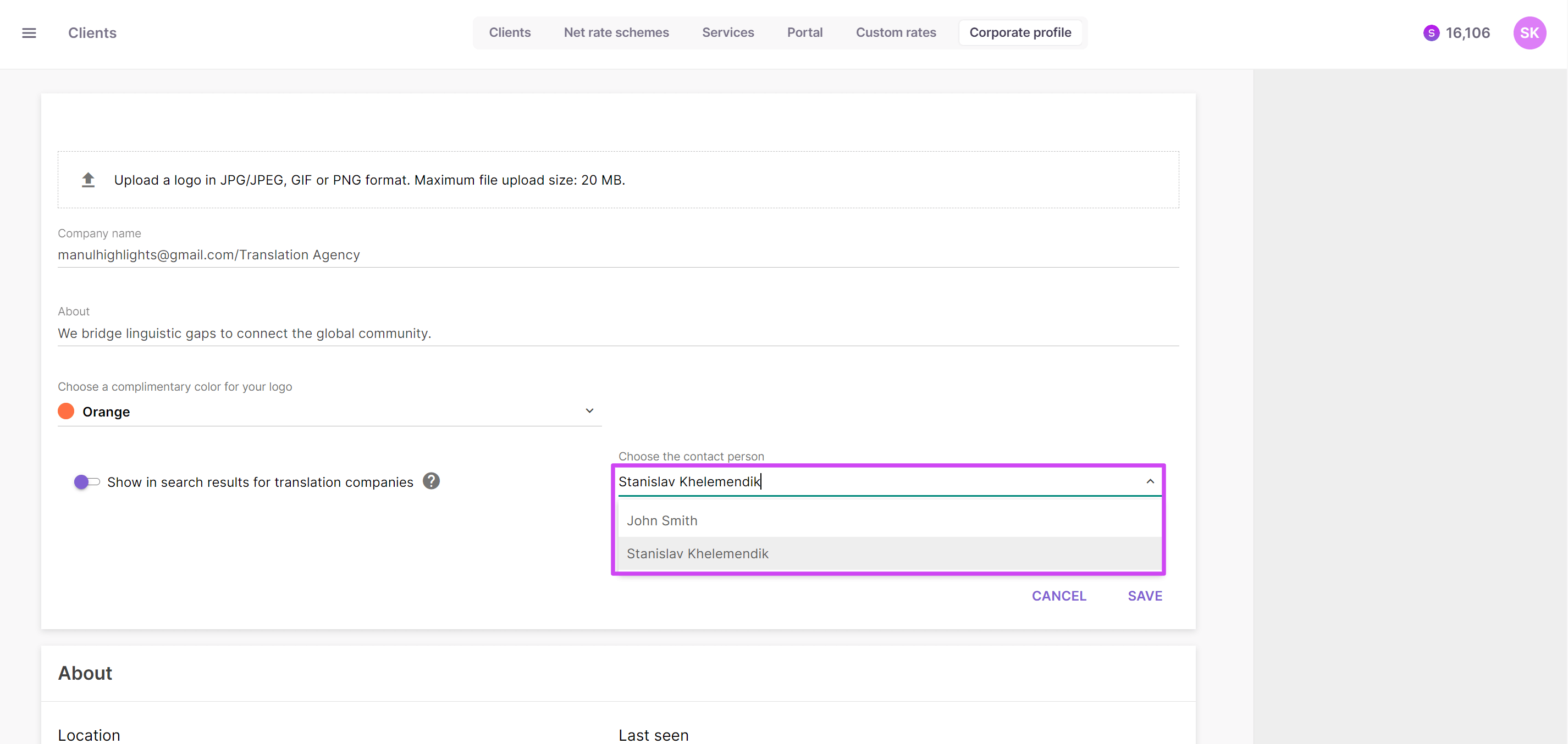 Corporate Profile tab showing the contact person field and the show in search results option