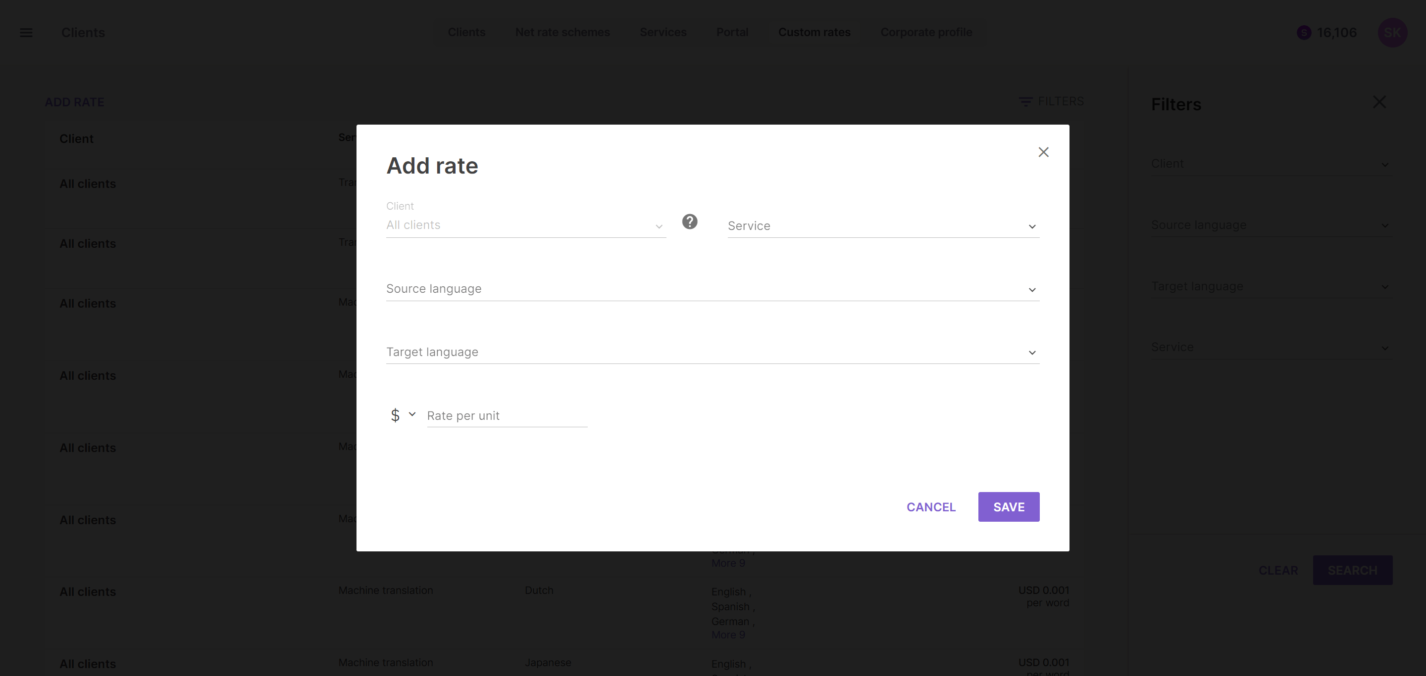 Custom Rates tab with the Add rate button and rate details