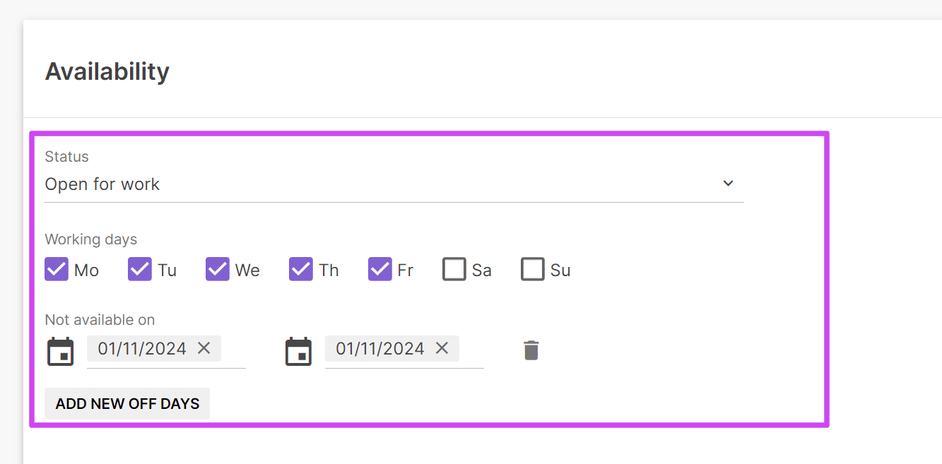 Availability section of the freelancer profile showing working days
