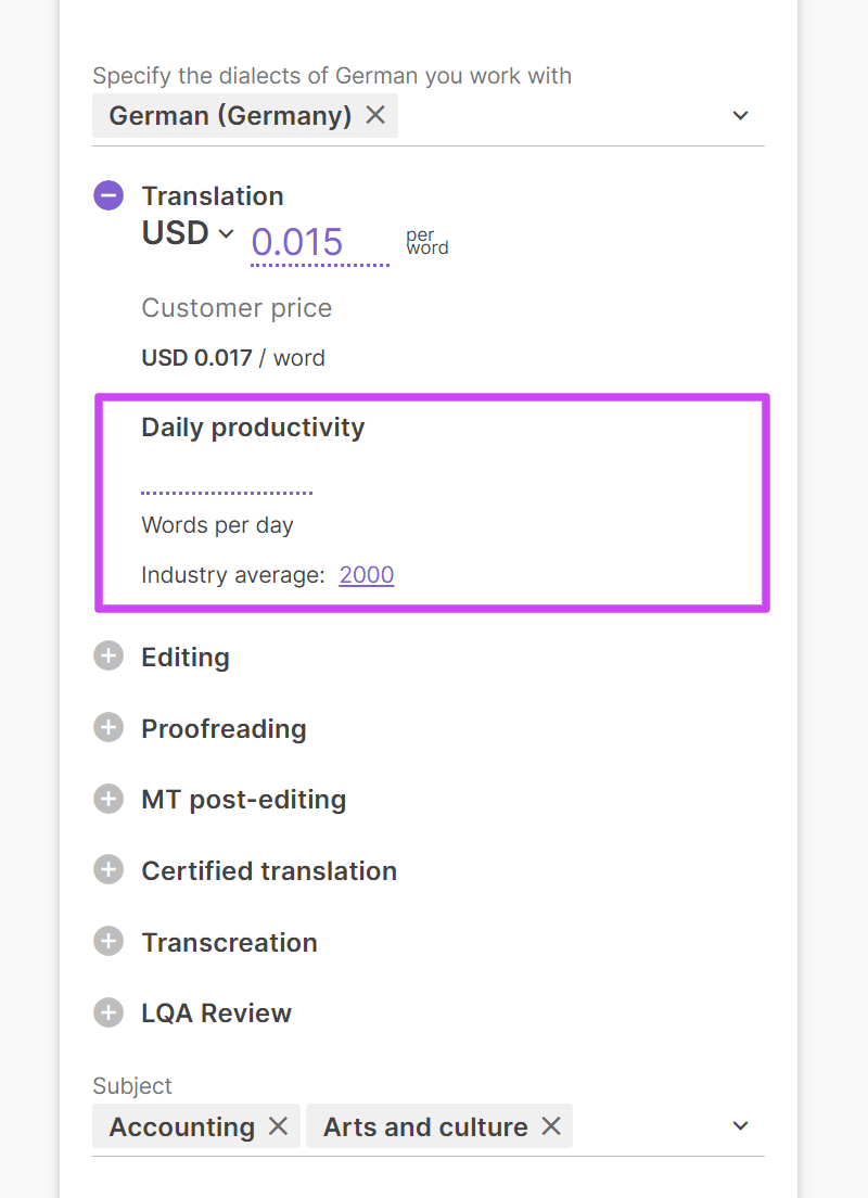 Freelancer profile field for average daily performance in words per day
