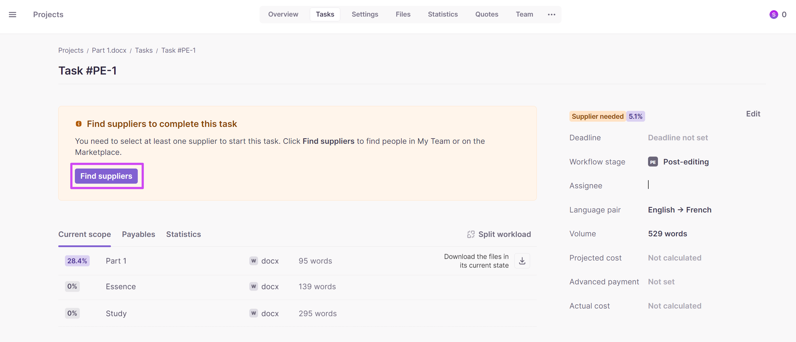 Tasks tab in project settings with the Find suppliers button