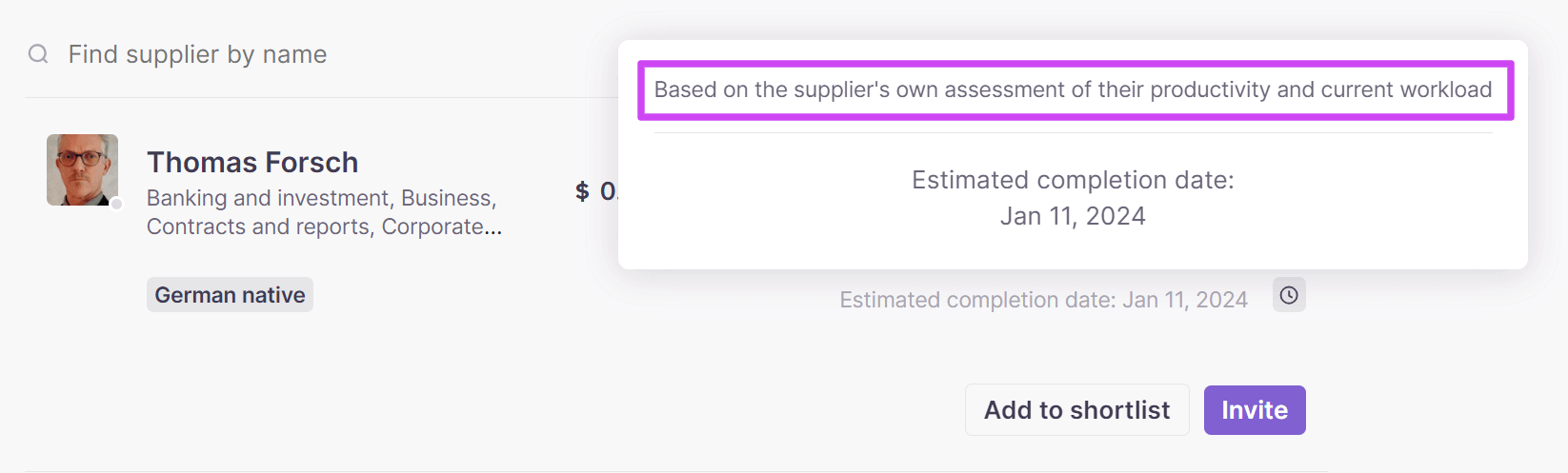 Estimated completion date tooltip explaining the capacity calculation