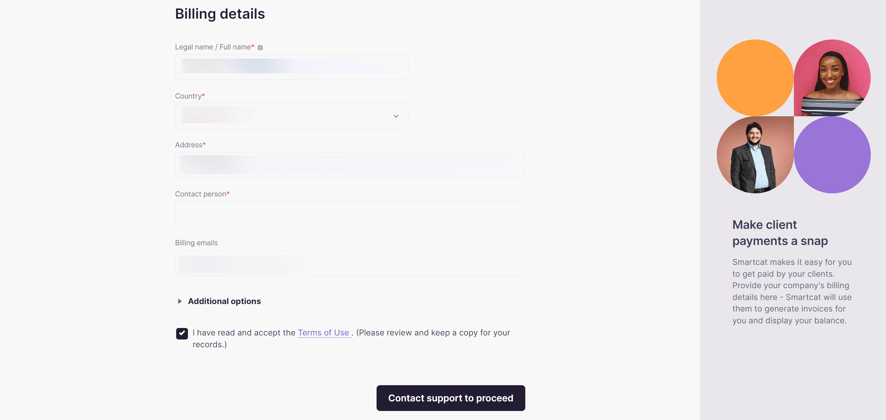 Billing details form with fields for legal name, country, address, and tax ID