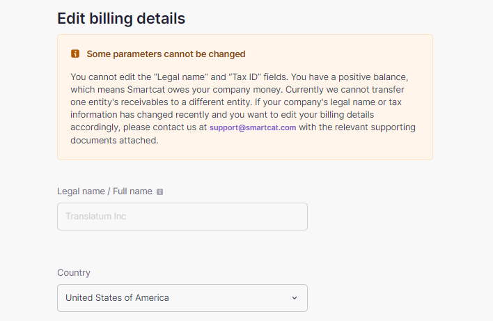 Billing details list with the option to delete a legal entity