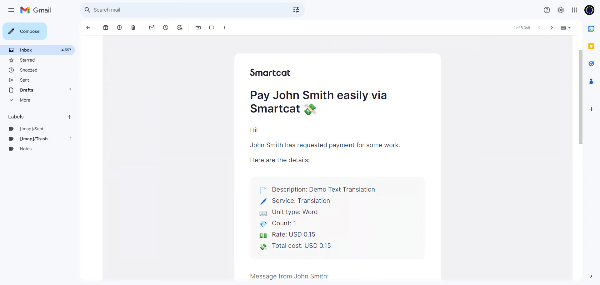 Email with the Check and pay button