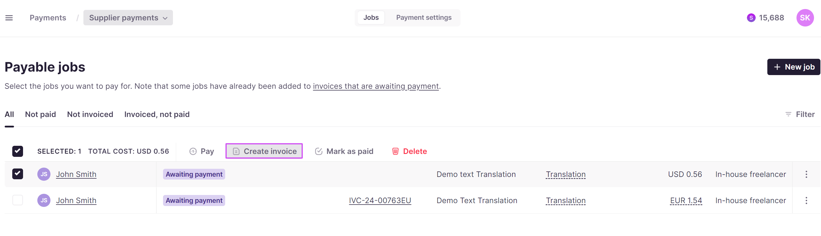 Selecting tasks and the Create invoice button
