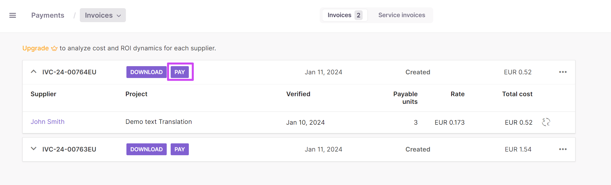 Invoices tab with payment options
