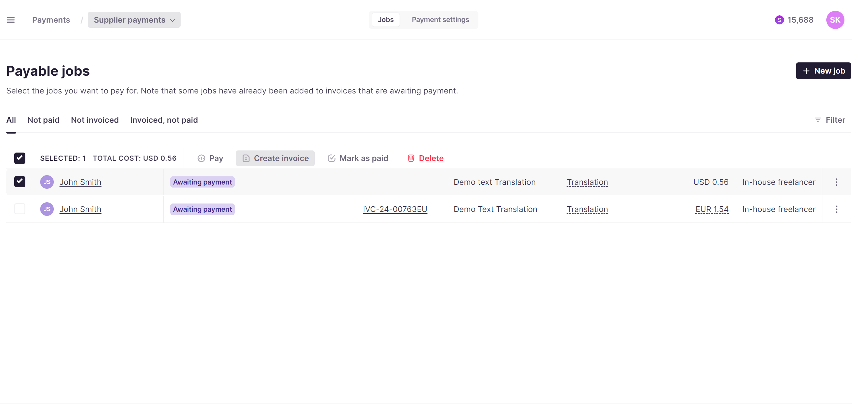 Payments section listing completed freelancer tasks