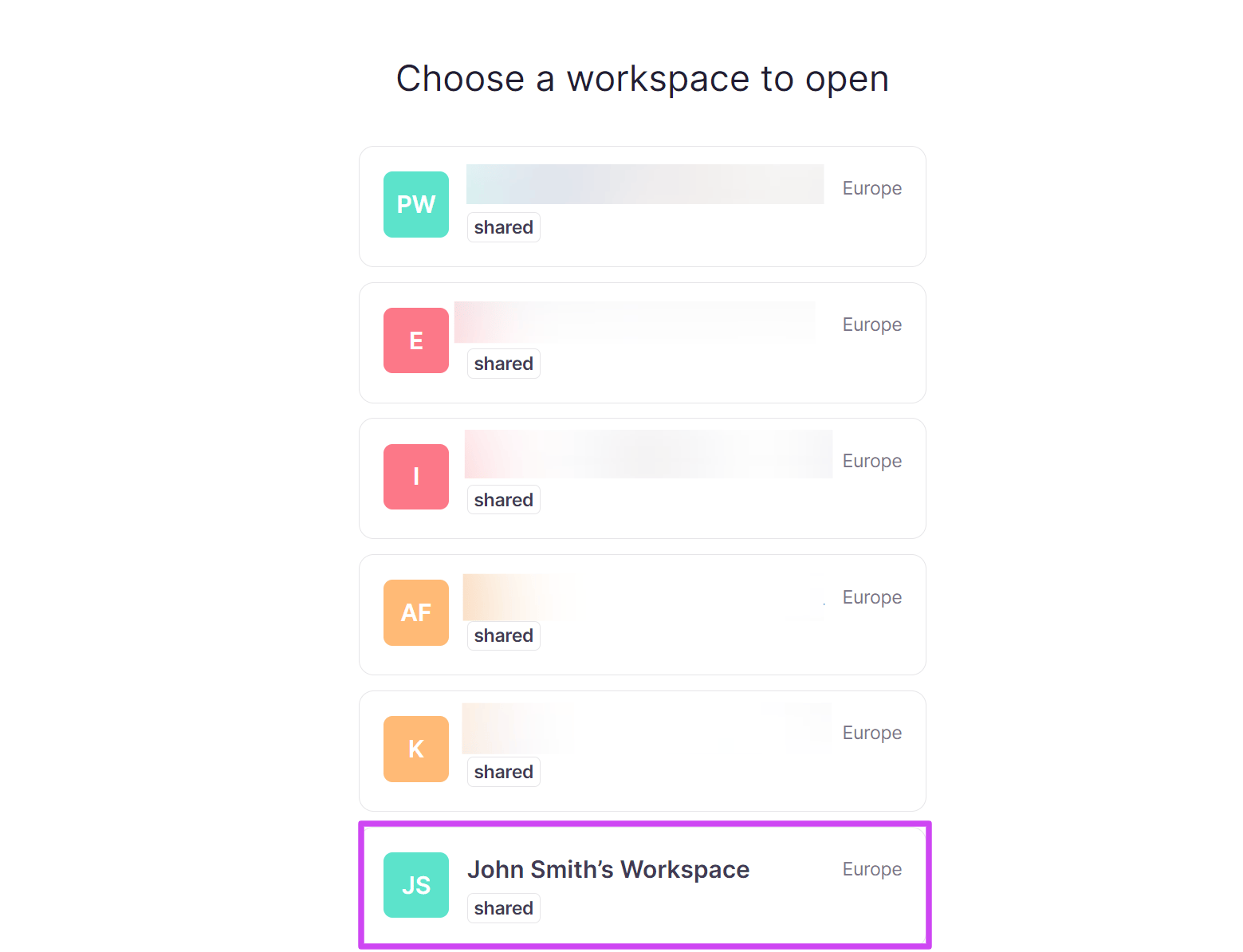 Workspace selection screen
