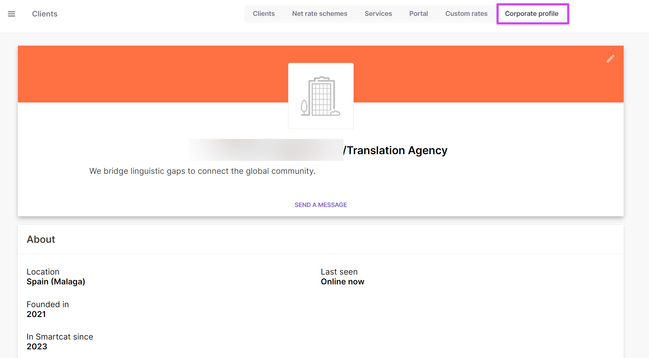 Clients section with the Corporate Profile tab selected