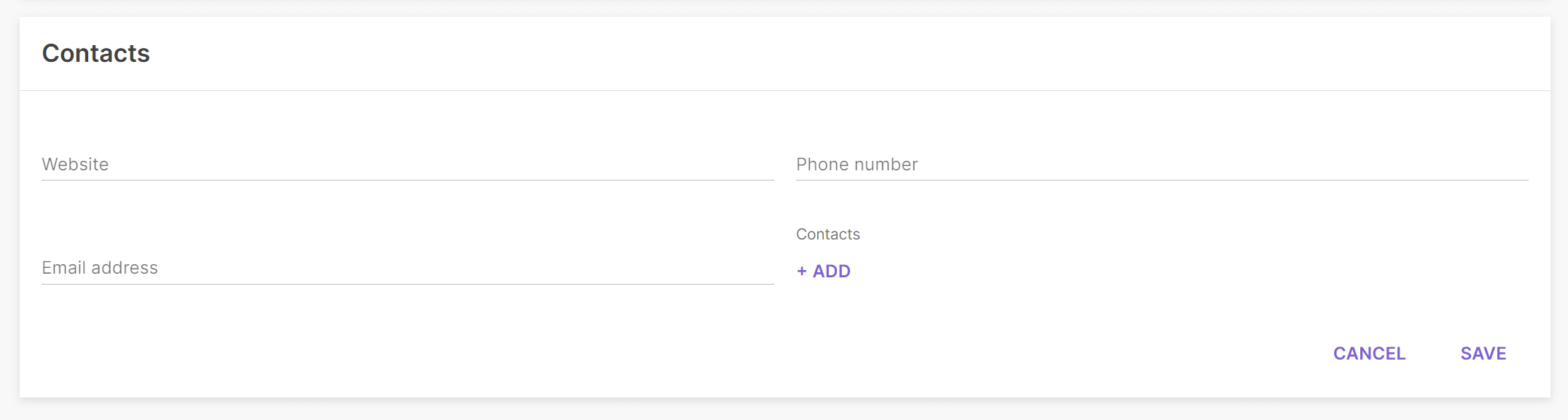 Contact information section with website, phone number, and email fields