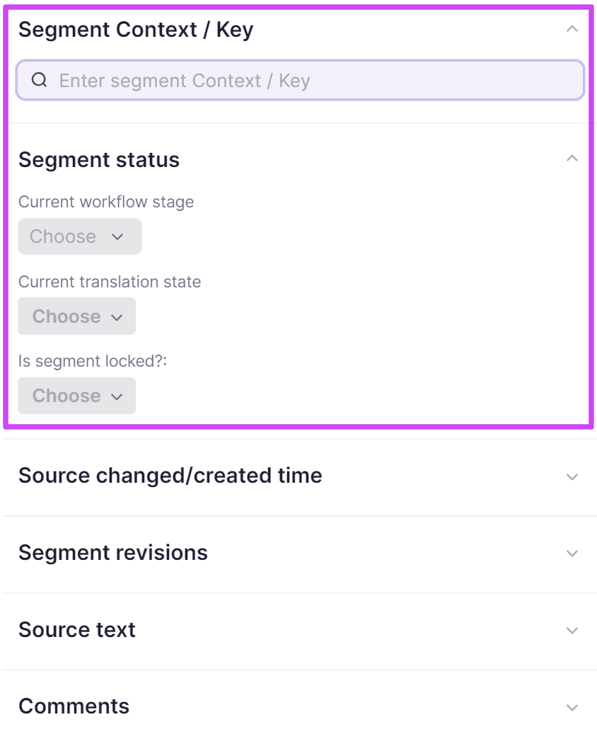 Segment status and Key filter options