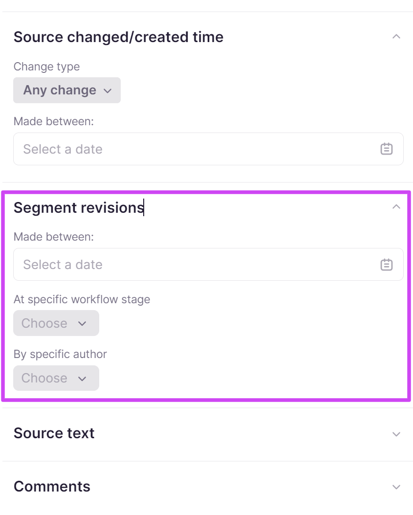 Segment revisions filter with date, stage, and author fields