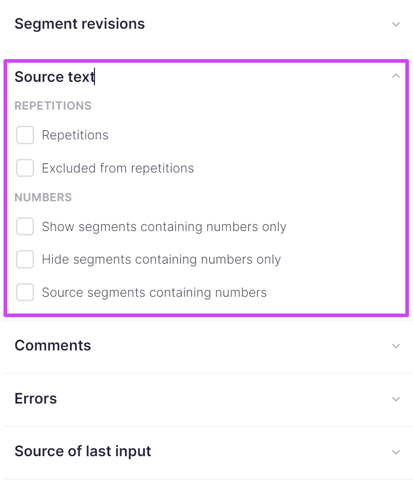 Source text filter with content search and repetitions options