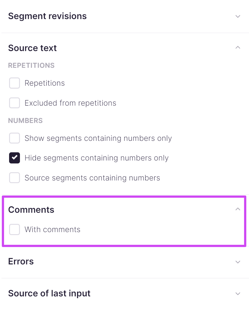 With comments checkbox in the filter panel