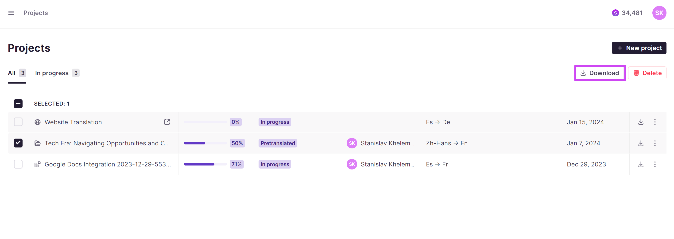 Project overview page with projects selected and the Download button
