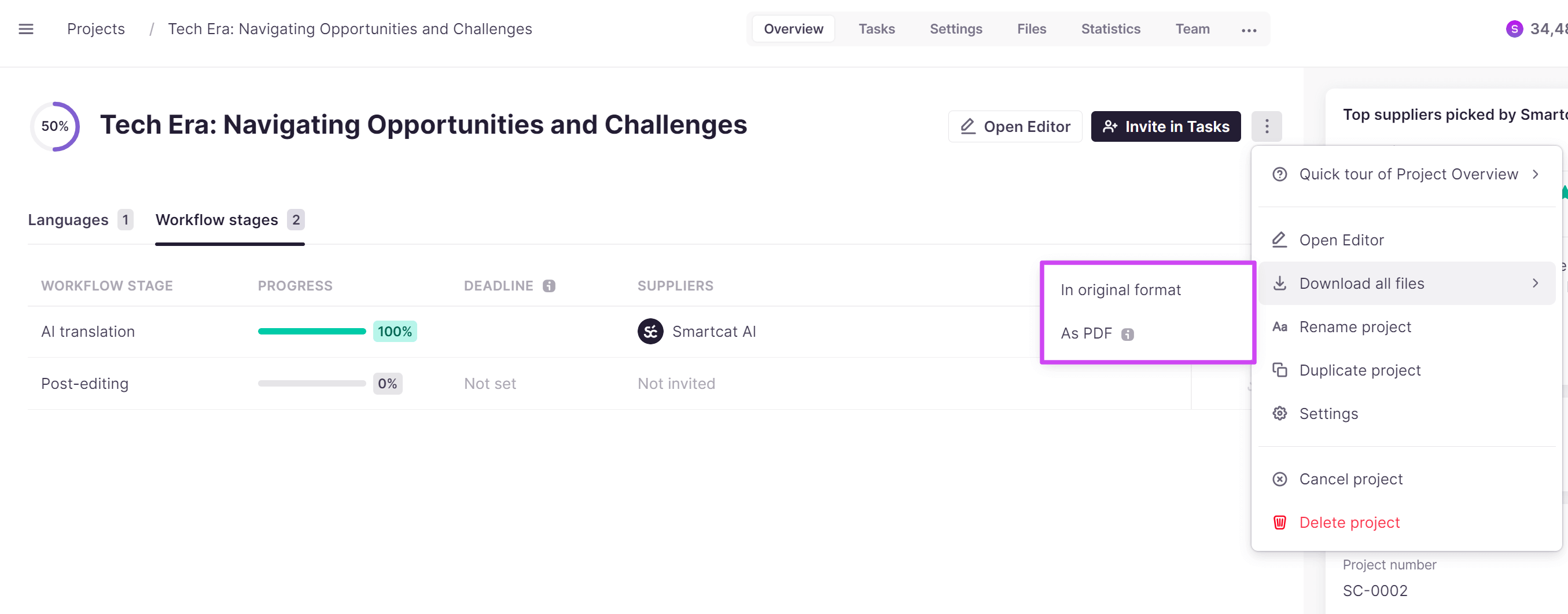 Project overview page drop-down menu with the PDF export option