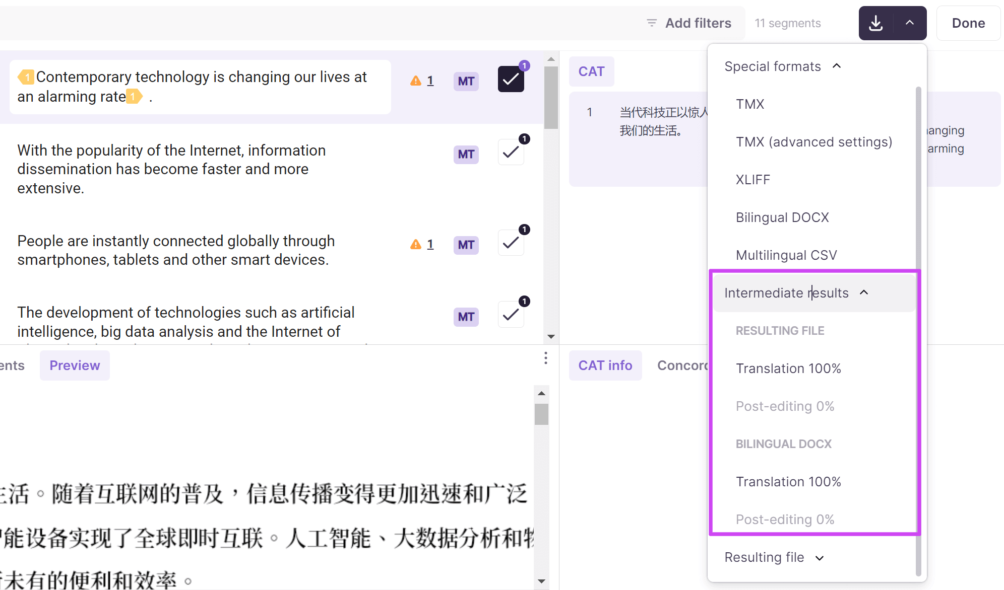 CAT editor intermediate results export option