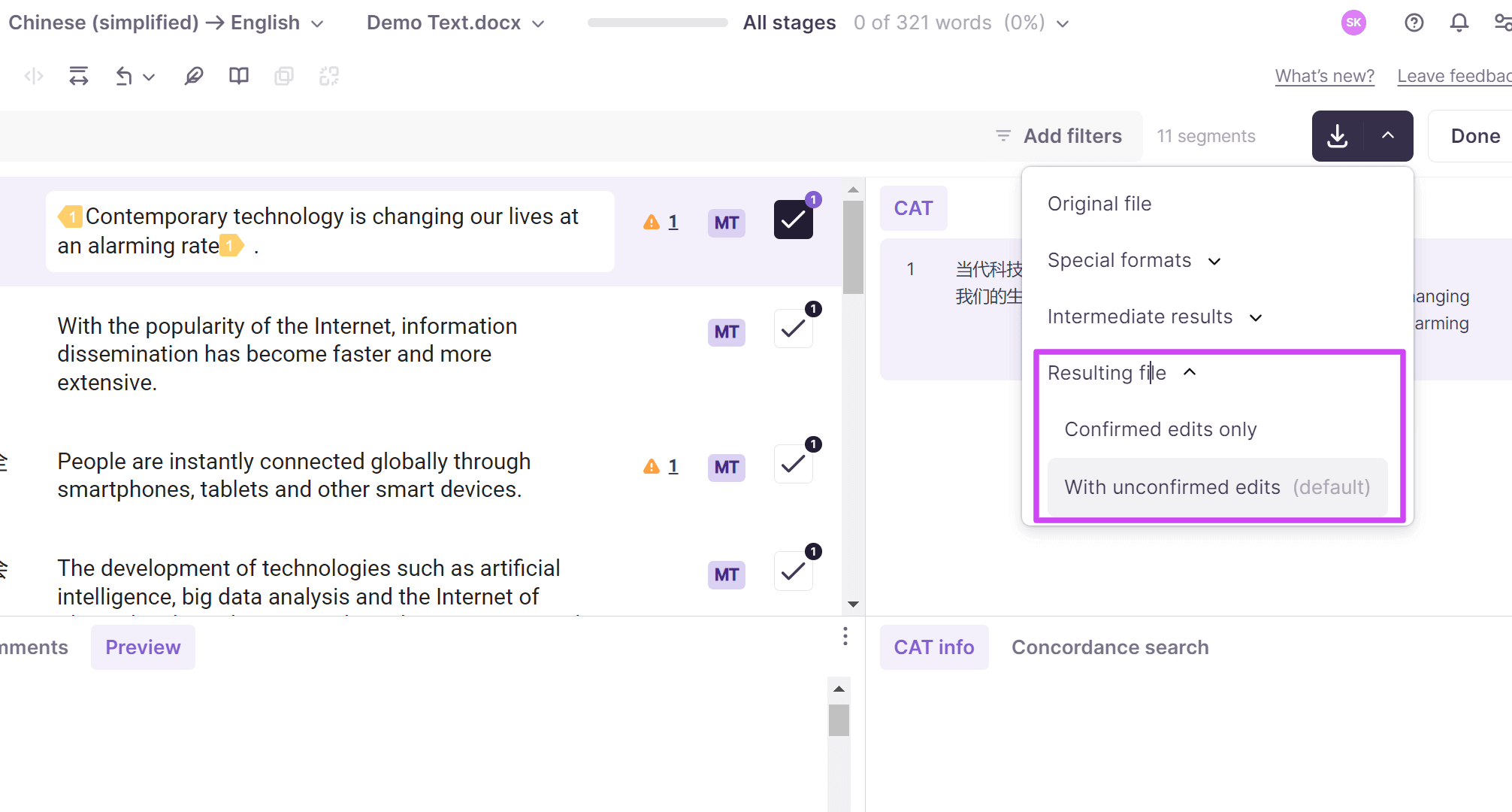 CAT editor resulting file export option